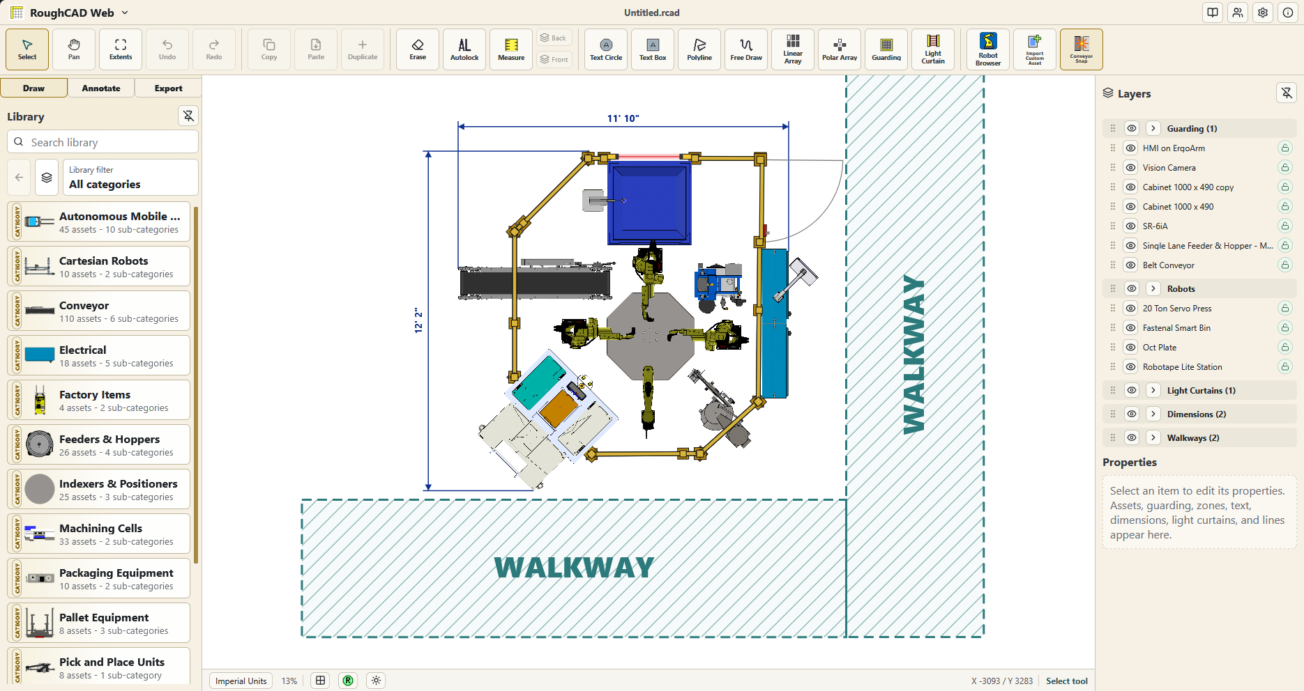 RoughCAD automation cell layout with robots, guarding, dimensions, and walkways